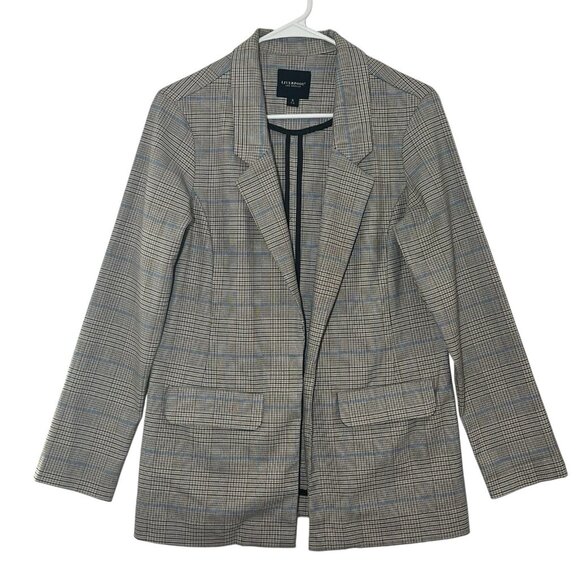 Liverpool Los Angeles Women’s Boyfriend Blazer Small Plaid Blue Beige Open Front - Picture 1 of 14